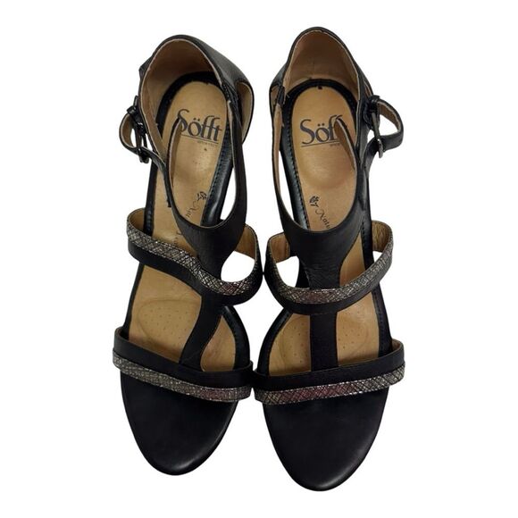 Sofft Pippa Black Wedge Sandals T Strap Ankle Strap Comfort Shoes - Picture 7 of 11